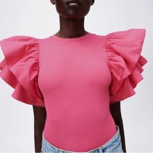 zara pink ruffle rubbed bodysuit